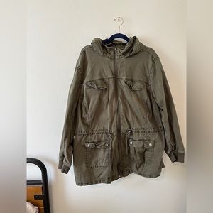 Plus size green safari jacket with hood.